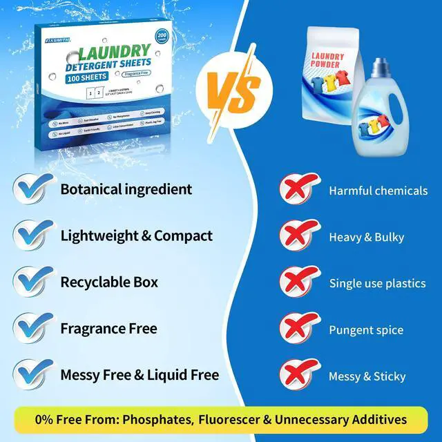 Alt view image 4 of 7 - Laundry Detergent Sheets - 200 Loads (100 Sheets) Fragrance Free - Hypoallergenic,Unscented,Eco Friendly Laundry Detergent Strips Concentrated Travel Detergent Sheets.Plastic-Free,Liquidless