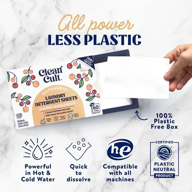 Alt view image 3 of 7 - Laundry Detergent Sheets - Resealable Box - 3 Stain Fighting Enzymes - Juniper Sandalwood - 60 Loads - Free of Harsh Chemicals - No Mess - No Plastic Waste