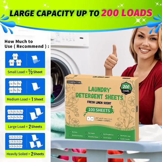 Alt view image 4 of 7 - Laundry Detergent Sheets - Fresh Linen Scent, 200 Loads (100 Sheets), Plastic Free Laundry Sheets for Travel, Dorms, Home, Apartments, Eco & Hypoallergenic