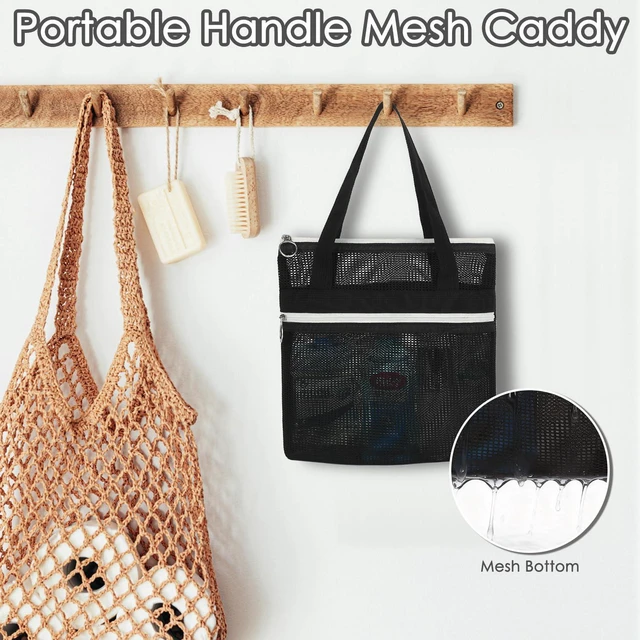 Alt view image 2 of 7 - Mesh Shower Bag with 2 Zipper Pockets & Dual Handles, Quick-Drying Hanging Shower Caddy for College Essentials,Sunscreen,Dorm, Gym, Travel & Camping, Black