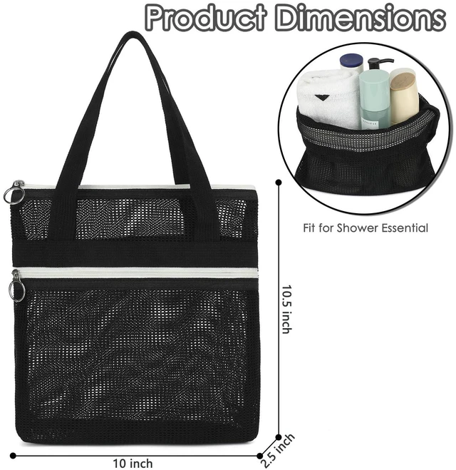 Alt view image 4 of 7 - Mesh Shower Bag with 2 Zipper Pockets & Dual Handles, Quick-Drying Hanging Shower Caddy for College Essentials,Sunscreen,Dorm, Gym, Travel & Camping, Black