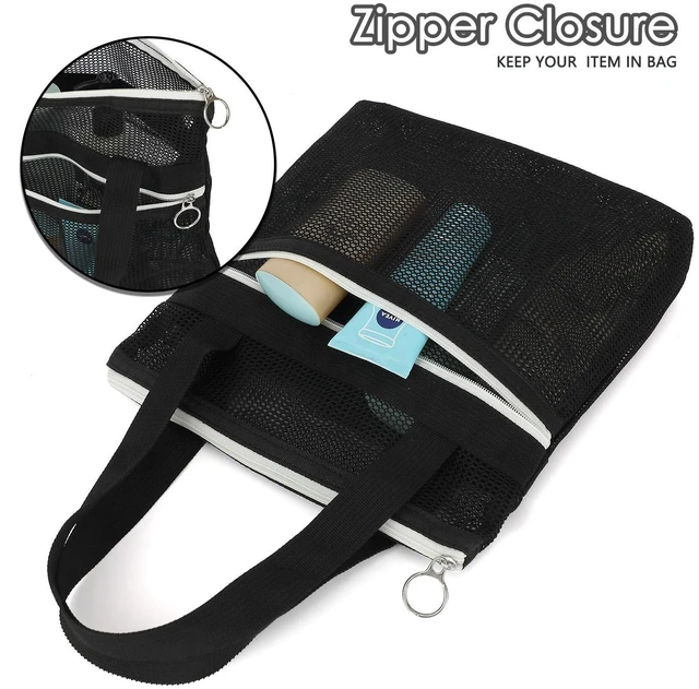 Alt view image 3 of 7 - Mesh Shower Bag with 2 Zipper Pockets & Dual Handles, Quick-Drying Hanging Shower Caddy for College Essentials,Sunscreen,Dorm, Gym, Travel & Camping, Black