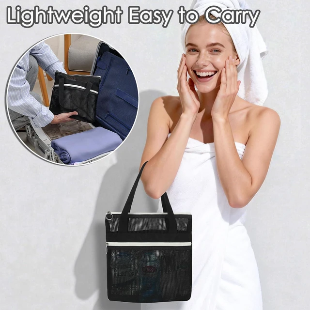 Alt view image 5 of 7 - Mesh Shower Bag with 2 Zipper Pockets & Dual Handles, Quick-Drying Hanging Shower Caddy for College Essentials,Sunscreen,Dorm, Gym, Travel & Camping, Black