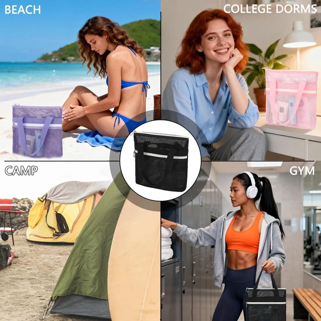 Alt view image 7 of 7 - Mesh Shower Bag with 2 Zipper Pockets & Dual Handles, Quick-Drying Hanging Shower Caddy for College Essentials,Sunscreen,Dorm, Gym, Travel & Camping, Black