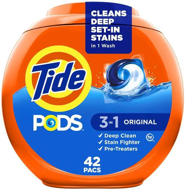 Main image of PODS laundry detergent pacs, 3-in-1 Stain Remover, Odor Fighter, Color Protector, 42 Count, HE compatible, Original Scent
