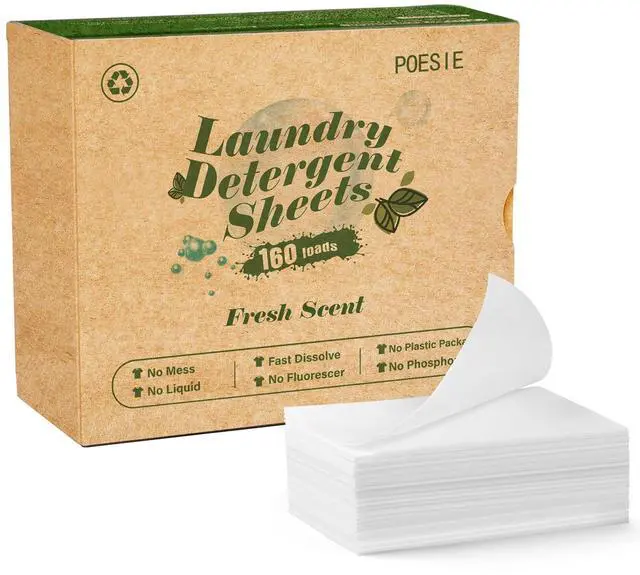 Main image of Laundry Detergent Sheets Fresh Scent 160 Count Clear Non-Plastic Hypoallergenic Liquid Less Sheets for Home Dorm Travel Camping & Hand Washing Clean No Waste