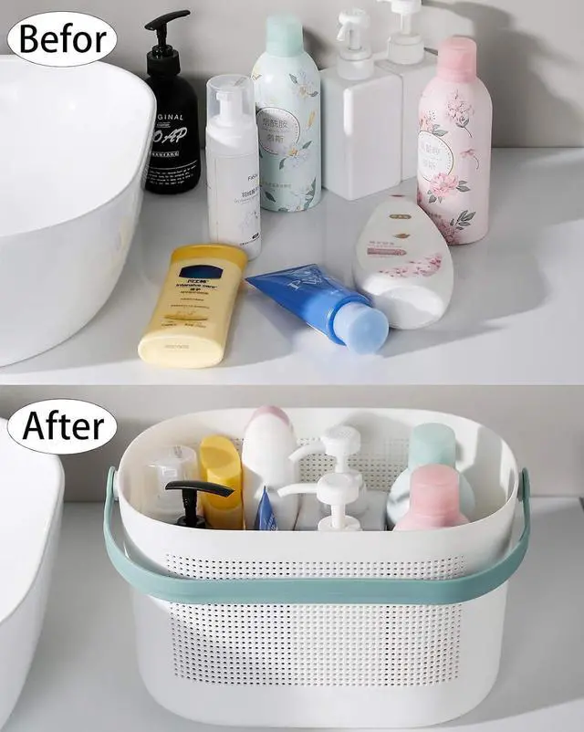 Alt view image 3 of 7 - Plastic Storage Baskets with Handles, Shower Caddy Shelf Organizers Basket for Bathroom, Kitchen, Dorm Room, Green