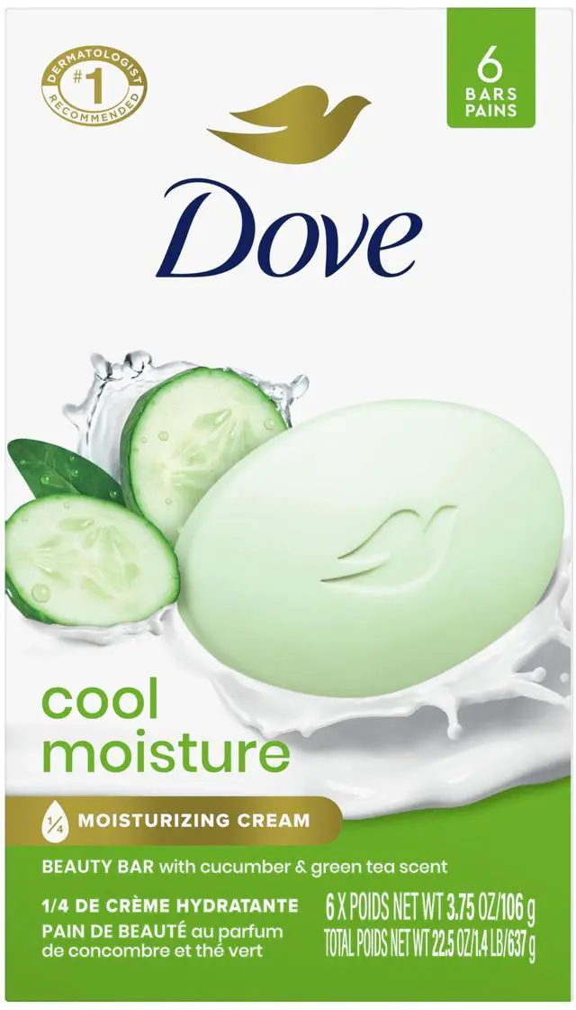 Main image of Beauty Bar Soap Cool Moisture Cucumber & Green Tea Scent, 6 Bars for Refreshed Skin, Leaves Skin Refreshed 3.75 oz