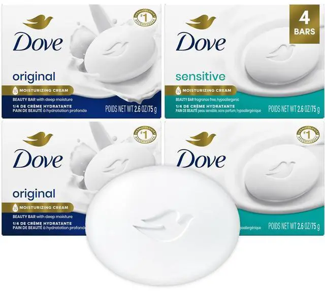 Main image of Beauty Bar Soap Variety 4-Pack Sensitive Skin, Fragrance-Free + Original, with Moisturizing Cream, 2.6 Oz Ea