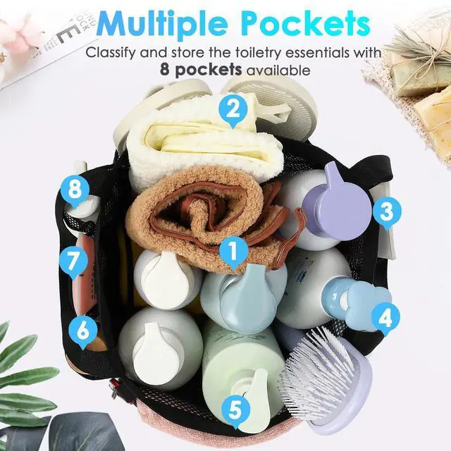 Alt view image 5 of 7 - Mesh Shower Caddy Portable for College Dorm Room Essentials, Odorless Polyester Large Shower Tote Bag with Dual Handles, 8-Pocket Quick-Dry Toiletry Organizer for Travel, Beach, Camping, Gym