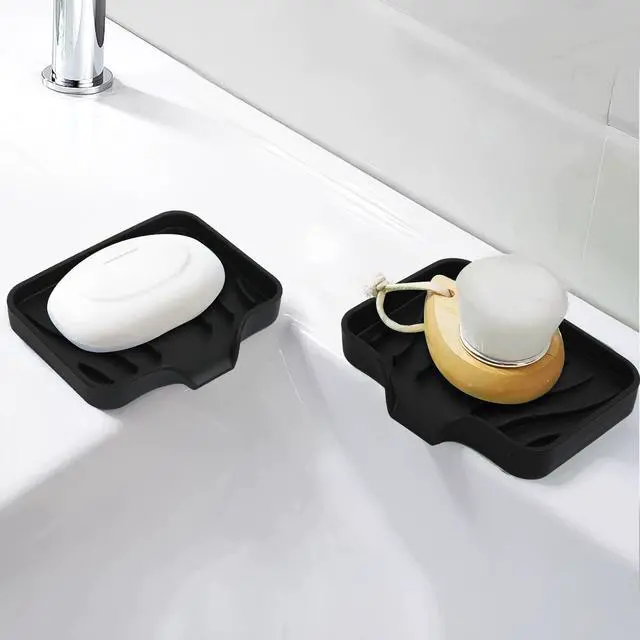 Alt view image 3 of 5 - 2 Pack Silicone Soap Dish with Drain, Bar Soap Holder for Shower,Bathroom and Kitchen Sink Organizer,Self Draining Waterfall Soap Tray (Black)