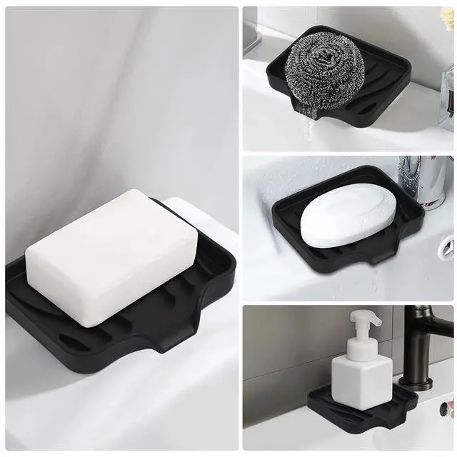 Alt view image 4 of 5 - 2 Pack Silicone Soap Dish with Drain, Bar Soap Holder for Shower,Bathroom and Kitchen Sink Organizer,Self Draining Waterfall Soap Tray (Black)