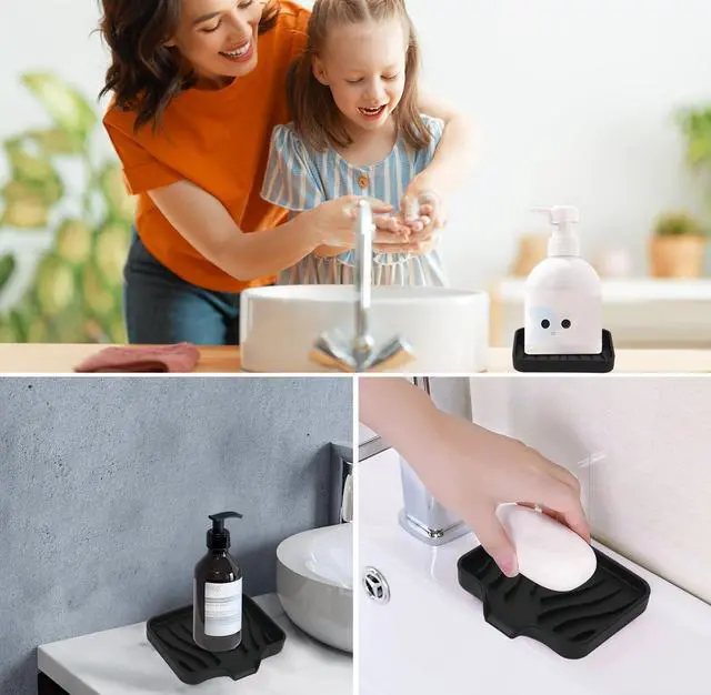 Alt view image 5 of 5 - 2 Pack Silicone Soap Dish with Drain, Bar Soap Holder for Shower,Bathroom and Kitchen Sink Organizer,Self Draining Waterfall Soap Tray (Black)