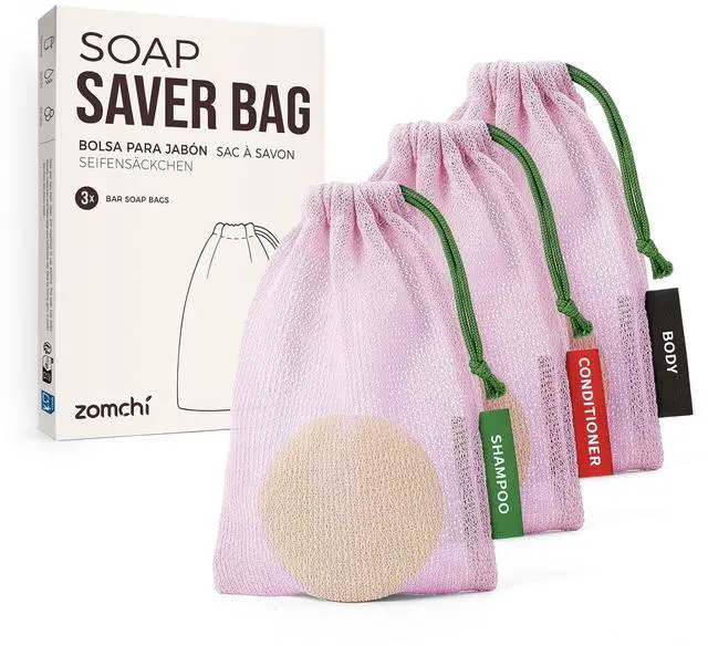 Main image of Foaming Bar Holder for Shower, Mesh Hanging Pouches with Loop, Designed for Body, Shampoo & Conditioner Bars, Color-Labeled Set (3 Pack, Pink)