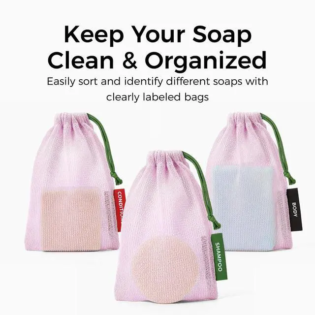 Alt view image 2 of 7 - Foaming Bar Holder for Shower, Mesh Hanging Pouches with Loop, Designed for Body, Shampoo & Conditioner Bars, Color-Labeled Set (3 Pack, Pink)