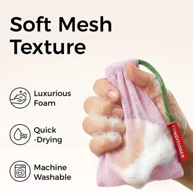 Alt view image 3 of 7 - Foaming Bar Holder for Shower, Mesh Hanging Pouches with Loop, Designed for Body, Shampoo & Conditioner Bars, Color-Labeled Set (3 Pack, Pink)