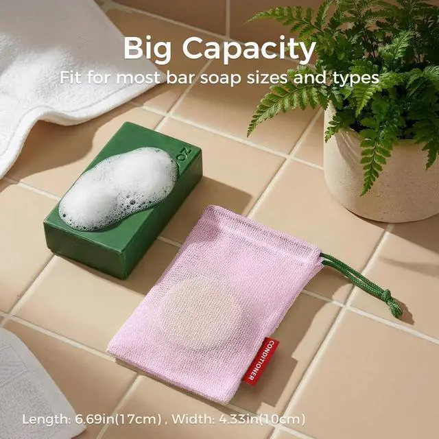 Alt view image 6 of 7 - Foaming Bar Holder for Shower, Mesh Hanging Pouches with Loop, Designed for Body, Shampoo & Conditioner Bars, Color-Labeled Set (3 Pack, Pink)