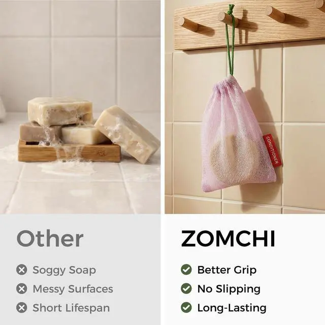 Alt view image 7 of 7 - Foaming Bar Holder for Shower, Mesh Hanging Pouches with Loop, Designed for Body, Shampoo & Conditioner Bars, Color-Labeled Set (3 Pack, Pink)