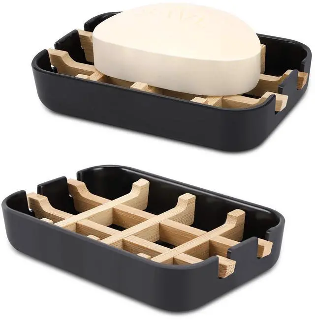 Main image of Bamboo Wooden Soap Dishes for Shower with Drainage for Bathroom Bar Soap Holder Soap Holder Sink Deck Bathtub Shower Tray (One Pieces Black)