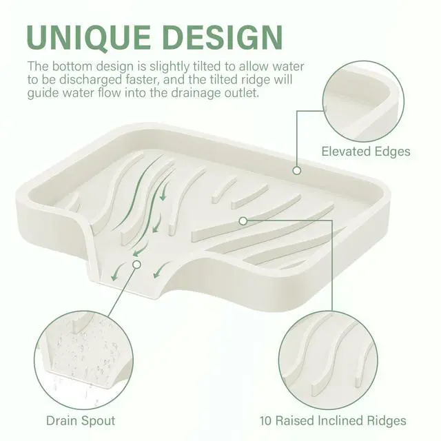 Alt view image 2 of 7 - Silicone Soap Dish with Drain, Kitchen Soap Tray for Shower 2 Pack Self Draining Soap Dish Soft Bathroom Soap Holder for Kitchen Sink Flexible Portable Soap Saver, Beige