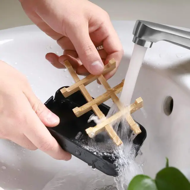 Alt view image 5 of 7 - Bamboo Wooden Soap Dishes for Shower with Drainage for Bathroom Bar Soap Holder Soap Holder Sink Deck Bathtub Shower Tray (One Pieces Black)