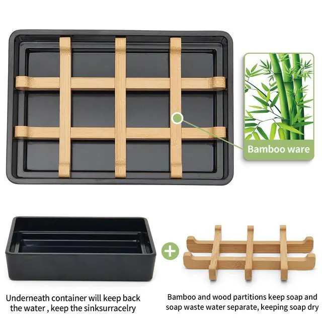 Alt view image 2 of 7 - Bamboo Soap Dishes for Shower with Drainage Wooden Soap Bar Holder for Bathroom Soap Tray Easy to Clean, Durable and with Non-Slip Pads(Single Black Square)
