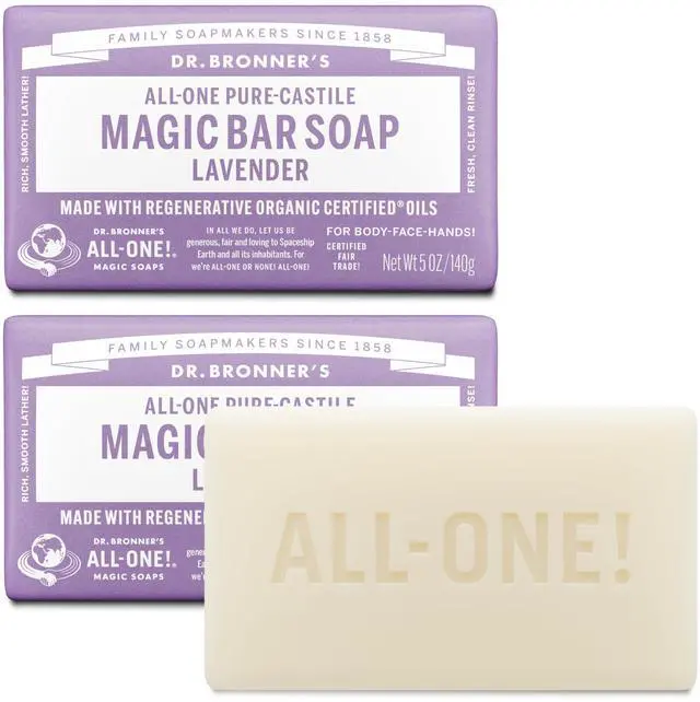 Main image of Pure-Castile Magic Bar Soap - Made with Regenerative Organic Certified Oils - For Face, Body, Hair- Gentle on Sensitive Skin - Vegan Soap Bars for Men & Women - Lavender, 2 Pack, 5oz