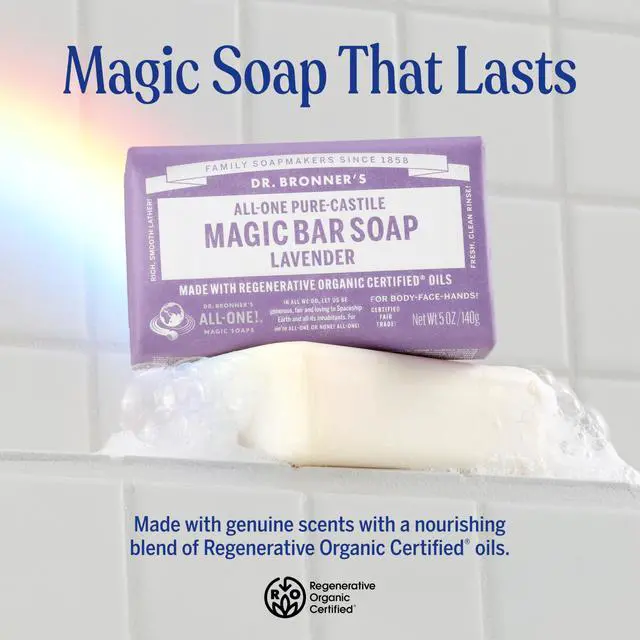 Alt view image 2 of 7 - Pure-Castile Magic Bar Soap - Made with Regenerative Organic Certified Oils - For Face, Body, Hair- Gentle on Sensitive Skin - Vegan Soap Bars for Men & Women - Lavender, 2 Pack, 5oz