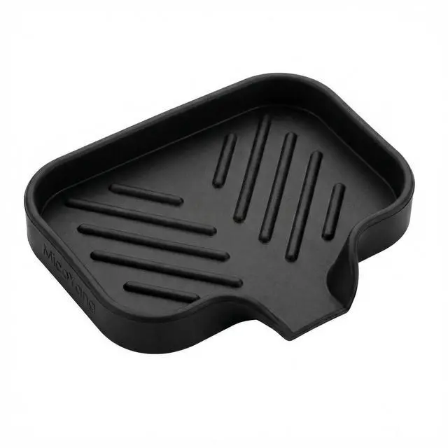Main image of Silicone Soap Dish with Drain Spout, Self-Draining Sink Organizer Tray for Bathroom and Kitchen, Sponges, Dispensers and Soap Holder, Non-Slip and Dishwasher Safe, Black (Compact, 4.9"×3.2")