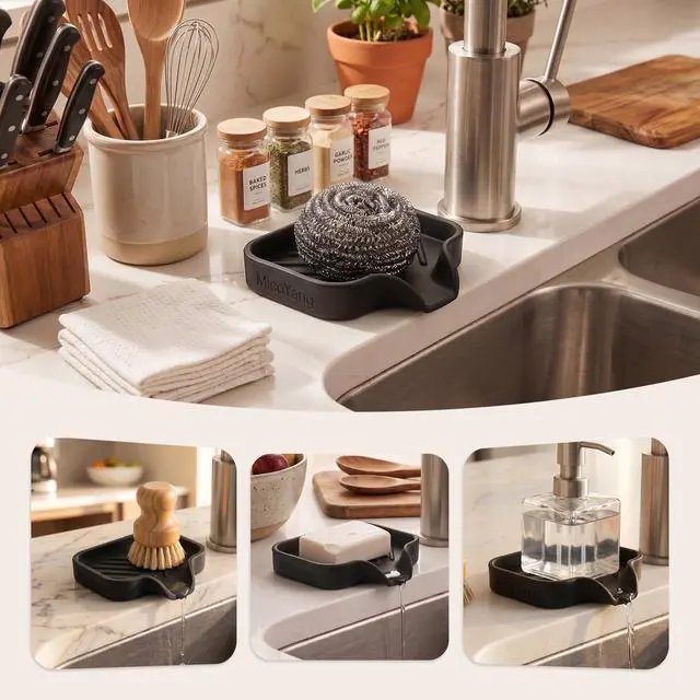 Alt view image 3 of 7 - Silicone Soap Dish with Drain Spout, Self-Draining Sink Organizer Tray for Bathroom and Kitchen, Sponges, Dispensers and Soap Holder, Non-Slip and Dishwasher Safe, Black (Compact, 4.9"×3.2")