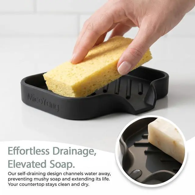Alt view image 7 of 7 - Silicone Soap Dish with Drain Spout, Self-Draining Sink Organizer Tray for Bathroom and Kitchen, Sponges, Dispensers and Soap Holder, Non-Slip and Dishwasher Safe, Black (Compact, 4.9"×3.2")