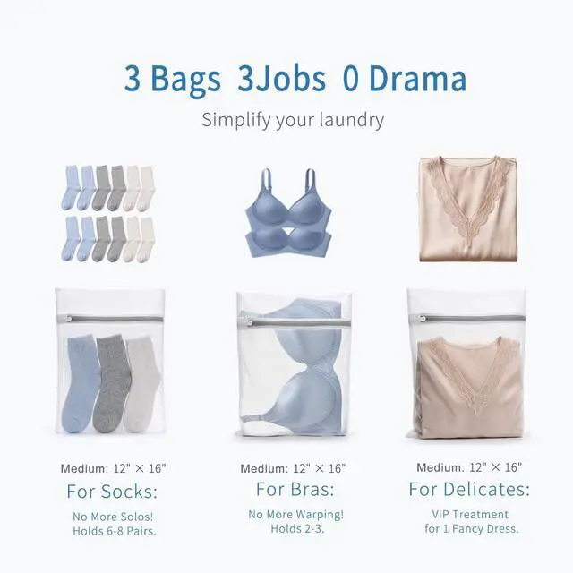 Alt view image 2 of 7 - 3Pcs Durable Fine Mesh Laundry Bags for Delicates 12 x 16 Inches