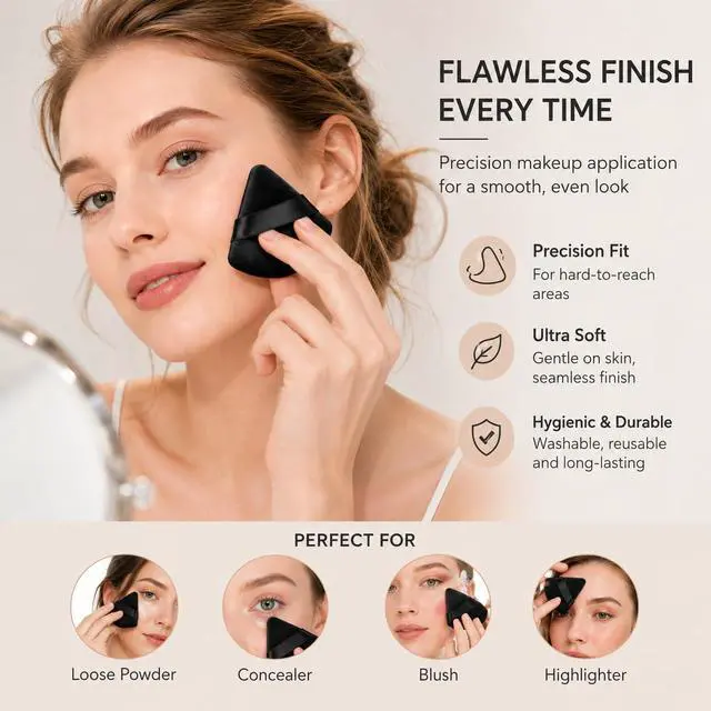 Alt view image 2 of 7 - Triangle Powder Puff Set of 2, Soft Velour Makeup Puff for Loose & Pressed Powder, Reusable Face Powder Puff with Finger Strap for Setting Powder, Foundation & Touch Ups