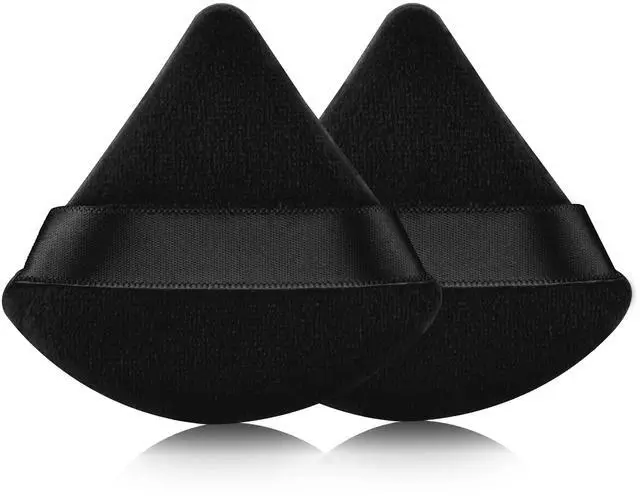 Main image of Triangle Powder Puff Set of 2, Soft Velour Makeup Puff for Loose & Pressed Powder, Reusable Face Powder Puff with Finger Strap for Setting Powder, Foundation & Touch Ups