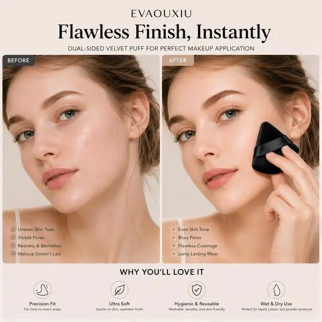 Alt view image 4 of 7 - Triangle Powder Puff Set of 2, Soft Velour Makeup Puff for Loose & Pressed Powder, Reusable Face Powder Puff with Finger Strap for Setting Powder, Foundation & Touch Ups
