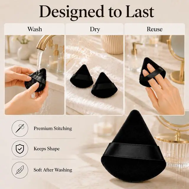 Alt view image 5 of 7 - Triangle Powder Puff Set of 2, Soft Velour Makeup Puff for Loose & Pressed Powder, Reusable Face Powder Puff with Finger Strap for Setting Powder, Foundation & Touch Ups