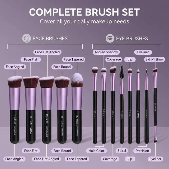 Alt view image 2 of 7 - Makeup Brushes Premium Synthetic Foundation Powder Concealers Eye Shadows 14 Pcs Purple for Makeup Beginner or Professional with Travel Case