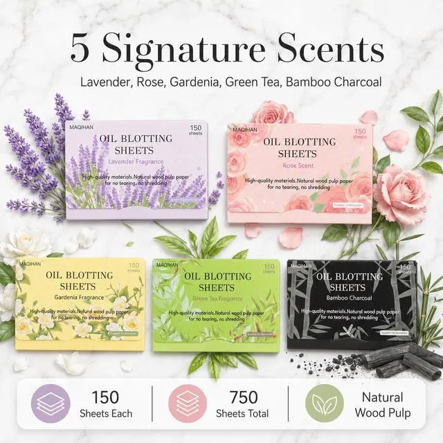Alt view image 2 of 7 - 5 Packs Oil Blotting Sheets for Face - 5 Scents,750 Counts Oil Absorbing Sheets Blotting Paper for Oily Control Skin Paper Face Oil Sheets Premium Bamboo Charcoal Blotter Paper for Women