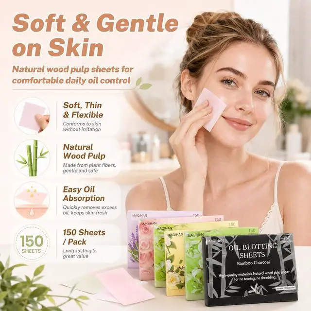 Alt view image 3 of 7 - 5 Packs Oil Blotting Sheets for Face - 5 Scents,750 Counts Oil Absorbing Sheets Blotting Paper for Oily Control Skin Paper Face Oil Sheets Premium Bamboo Charcoal Blotter Paper for Women