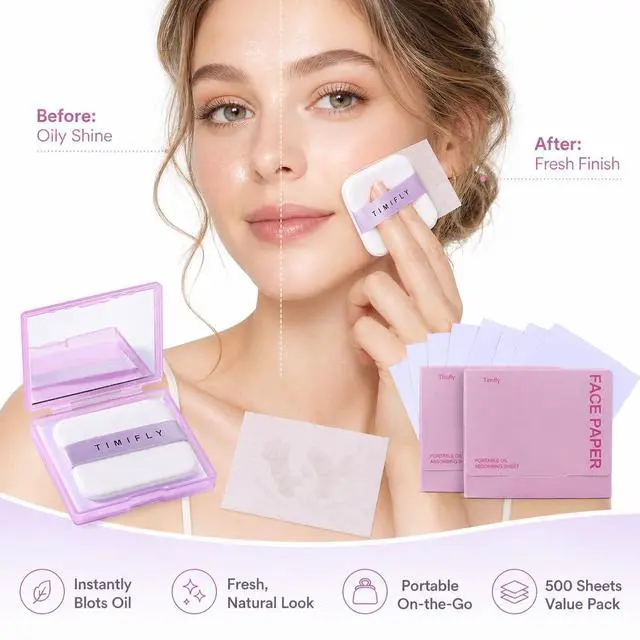 Alt view image 2 of 7 - Oil Blotting Paper for Face, 500 Sheets with Mirror & Puff, Multiple Refills, Absorbs Excess Oil Instantly, Natural Oil Control Film, Lavender
