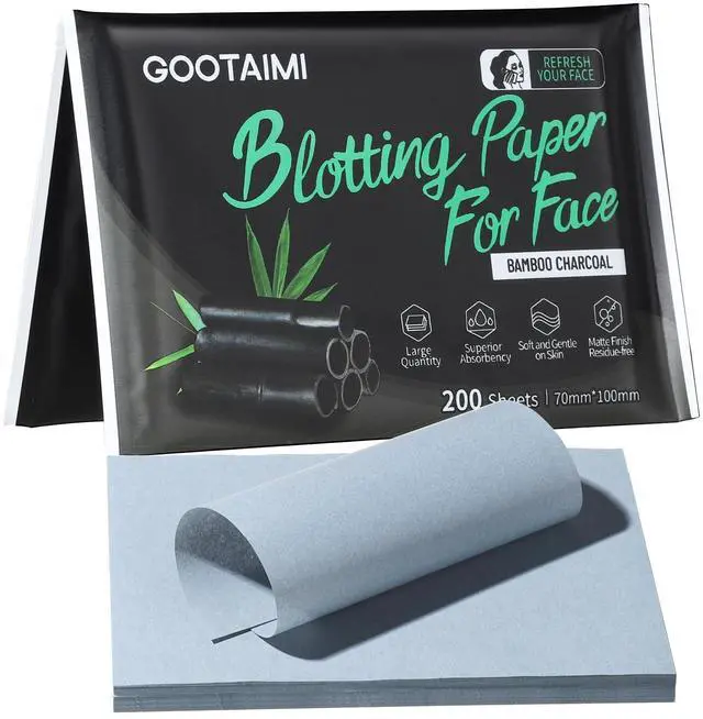 Main image of Blotting Paper for Oily Skin, Natural Bamboo Charcoal Blotting Paper, Oil Blotting Sheets for Face, 100 * 70MM Large Oil Absorbing Sheets Makeup Face Tissues, 200 Counts