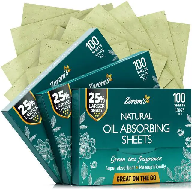 Main image of Natural Green Tea Oil Blotting Sheets for Face - 25% Larger - 3pk/300 Makeup Friendly Blotting Papers for Face - Easy Dispensing Oil Absorbing Sheets