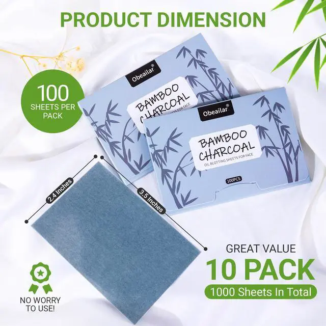 Alt view image 2 of 7 - Oil Blotting Sheets For Face, 1000 Sheets Bamboo Charcoal Blotting Papers For Face (100 Sheets In 10 Packs), Oil Absorbing Sheets For Oily Skin & All Skin Types, Oil Remover For Women & Men