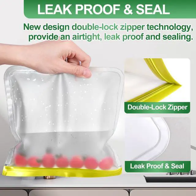 Alt view image 4 of 7 - Reusable Freezer Bags, 10 Pack Reusable Quart Bags Seal and Leak Proof, BPA Free Storage Bag for Marinate Meat, Vegetables, Home Organization, Green