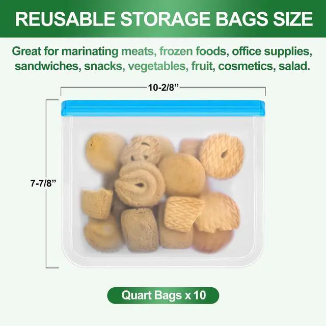 Alt view image 7 of 7 - Reusable Freezer Bags, 10 Pack Reusable Quart Bags Seal and Leak Proof, BPA Free Storage Bag for Marinate Meat, Vegetables, Home Organization, Green