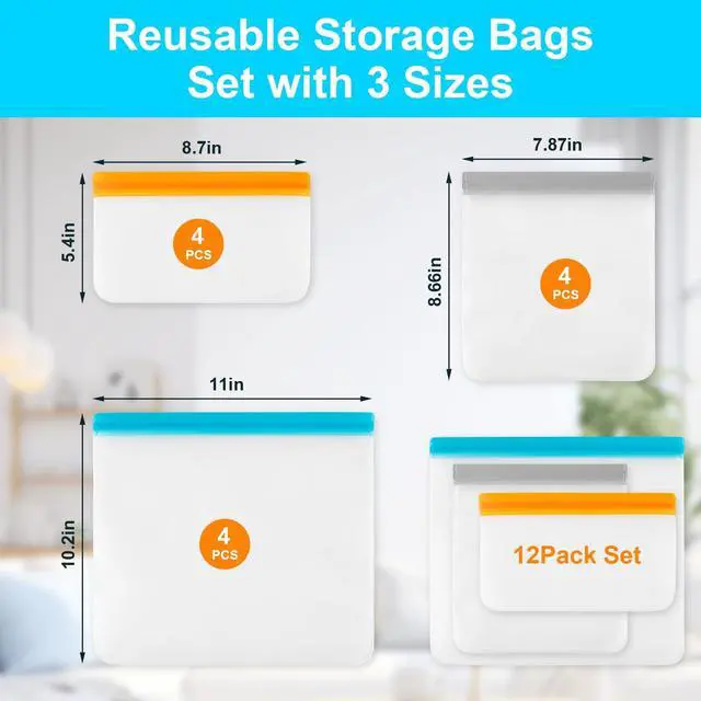 Alt view image 2 of 7 - 12 Pack Reusable Freezer Bags Dishwasher Safe, Leakproof Food Storage Bags, Silicone Bags for Food Storage Home Organization (4 Reusable Snack Bags 4 Sandwich Bags 4 Gallon Freezer Bags)