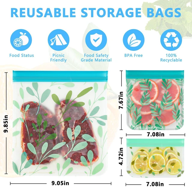 Alt view image 5 of 6 - 10 Pack Dishwasher Safe Reusable PEVA Food Storage Bags, Leak proof Reusable Freezer Bags for Food Storage Home Organization Traval & Make-up BPA FREE for Food Storage Home BPA FREE for Salad Fruit