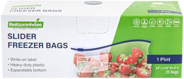 Main image of Bag Tek 1 Pint Freezer Slider Bags 25 Disposable Zipper Pouch Bags - Slide Zipper Expandable Bottom Clear Plastic Freezer Bags With Write-On-Label For Food Storage