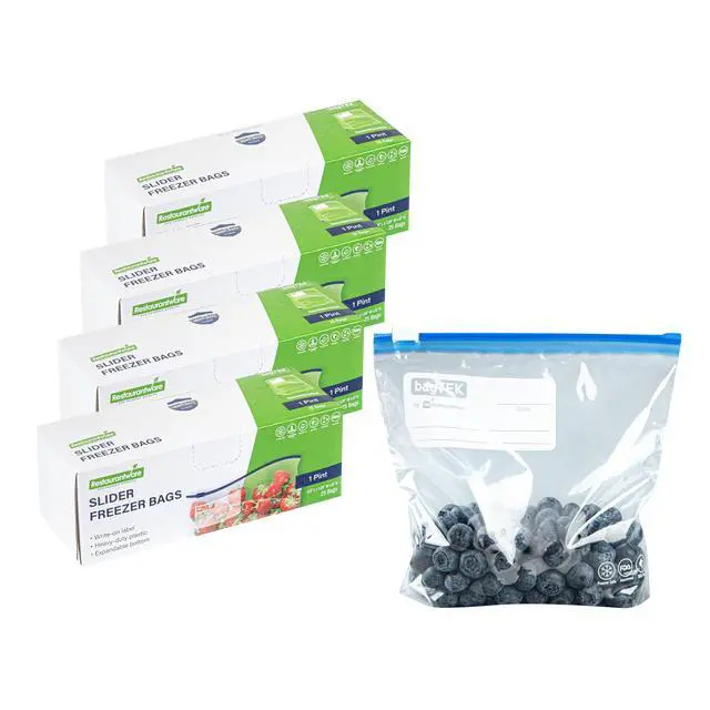 Alt view image 2 of 7 - Bag Tek 1 Pint Freezer Slider Bags 25 Disposable Zipper Pouch Bags - Slide Zipper Expandable Bottom Clear Plastic Freezer Bags With Write-On-Label For Food Storage