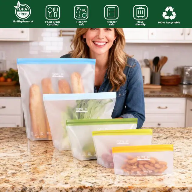 Alt view image 2 of 7 - 10 Pack Stand-Up Reusable Quart Freezer Bags Dishwasher Safe, Extra Thick Leakproof 1 Quart Food Storage Bags, BPA Free Bags for Meal Prep, Sandwich, Snack, Fridge Organization